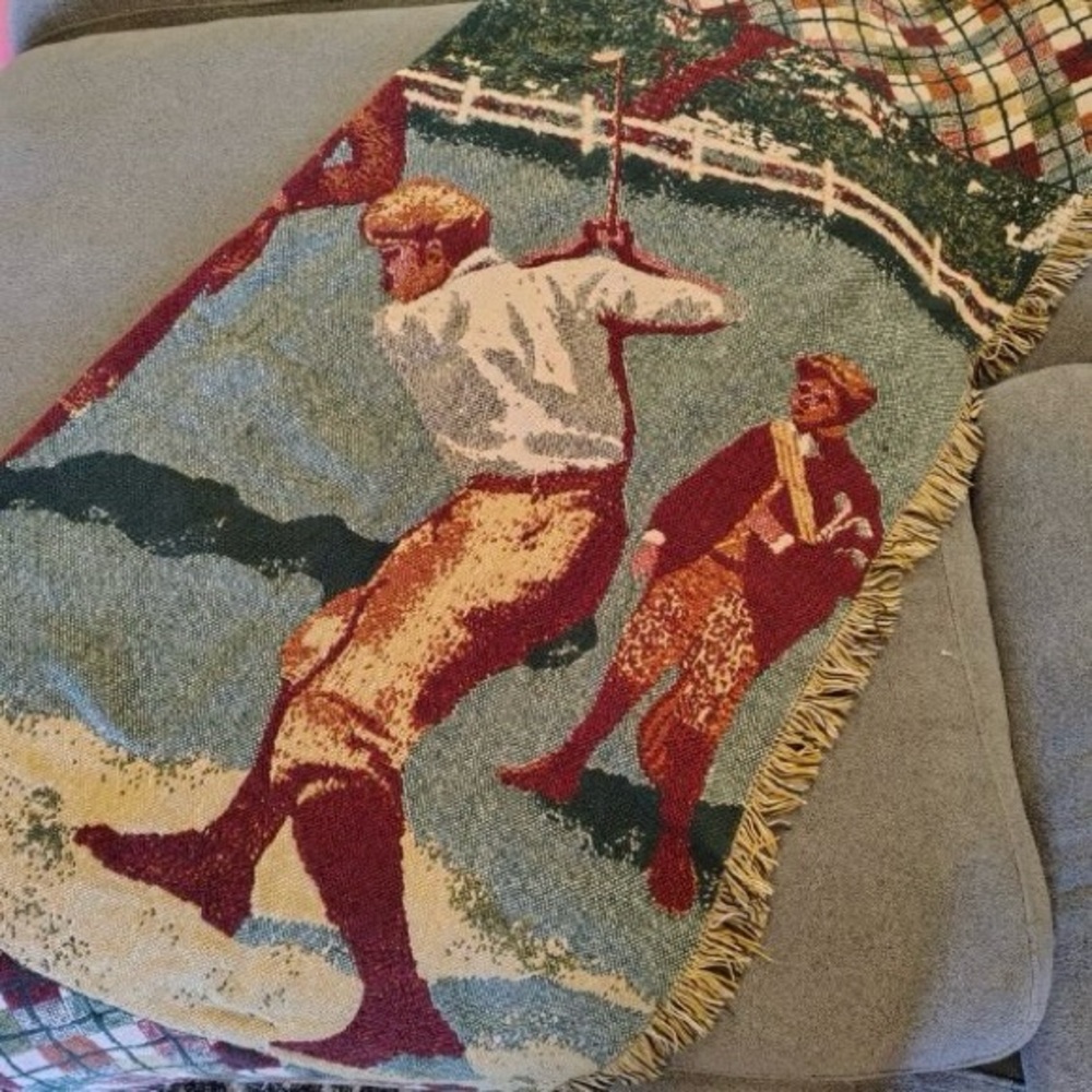 Vtg Golf Scene Woven Knit Throw Blanket Fringe Argyle Pattern 45x60” Warm Cozy